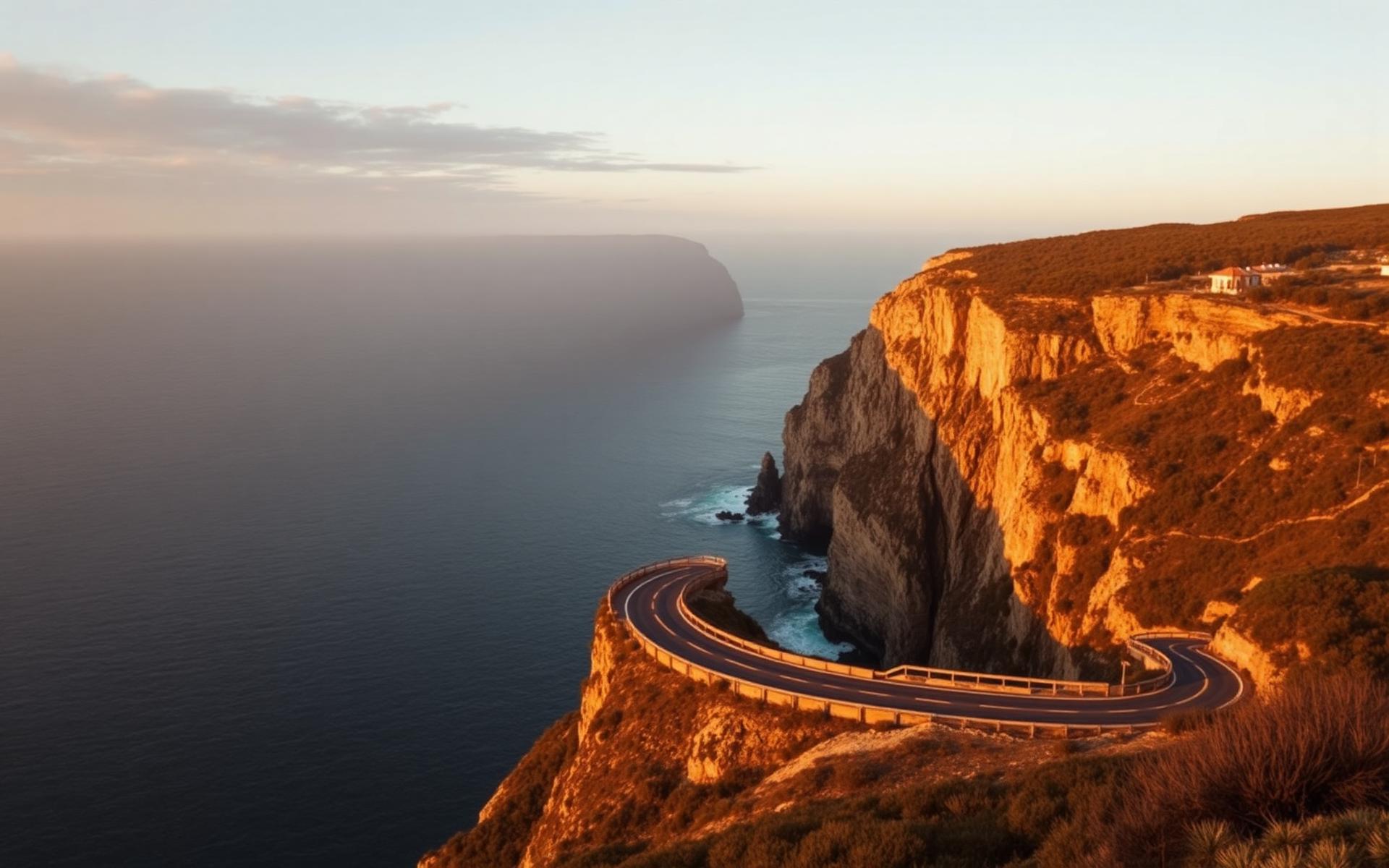 Estrada costeira portuguesa ao entardecer